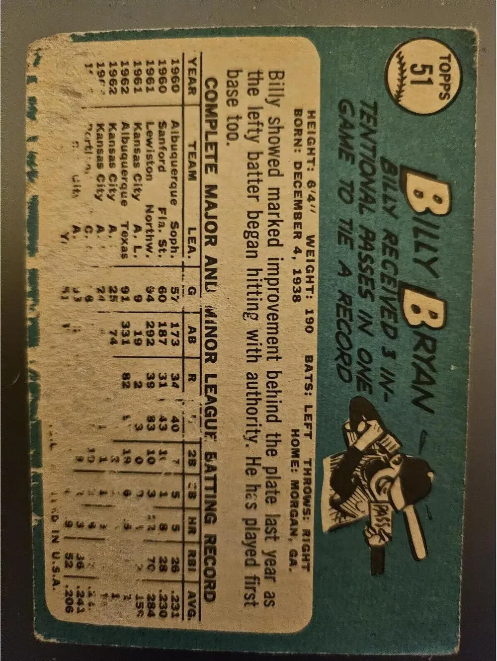 1965 Topps Billy Bryan #51 Kansas City Athletics - Picture 2 of 2